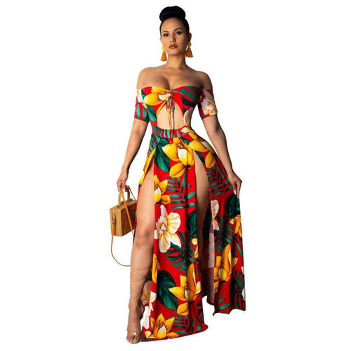 Printed Summer Beach Maxi Dress Strapless Off Shoulder Sexy High Slit